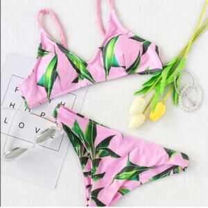 Pink Women’s Bikini Leaf Print Braided Detail Swimsuit